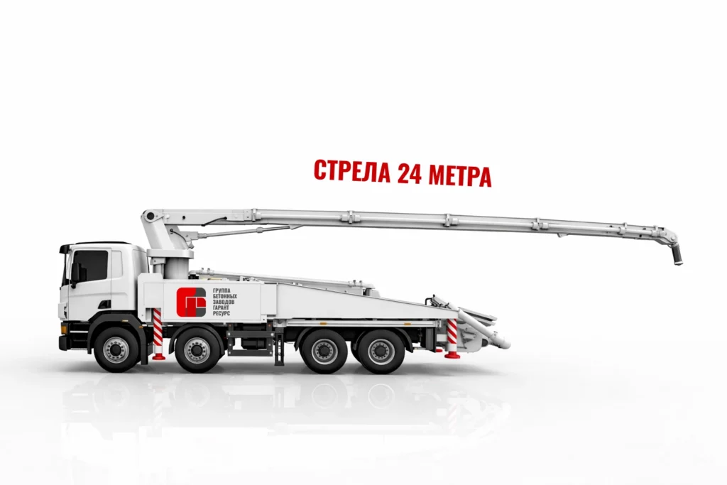 Автобетононасос со стрелой 24 м для подачи бетона на строительном объекте в Дмитрове