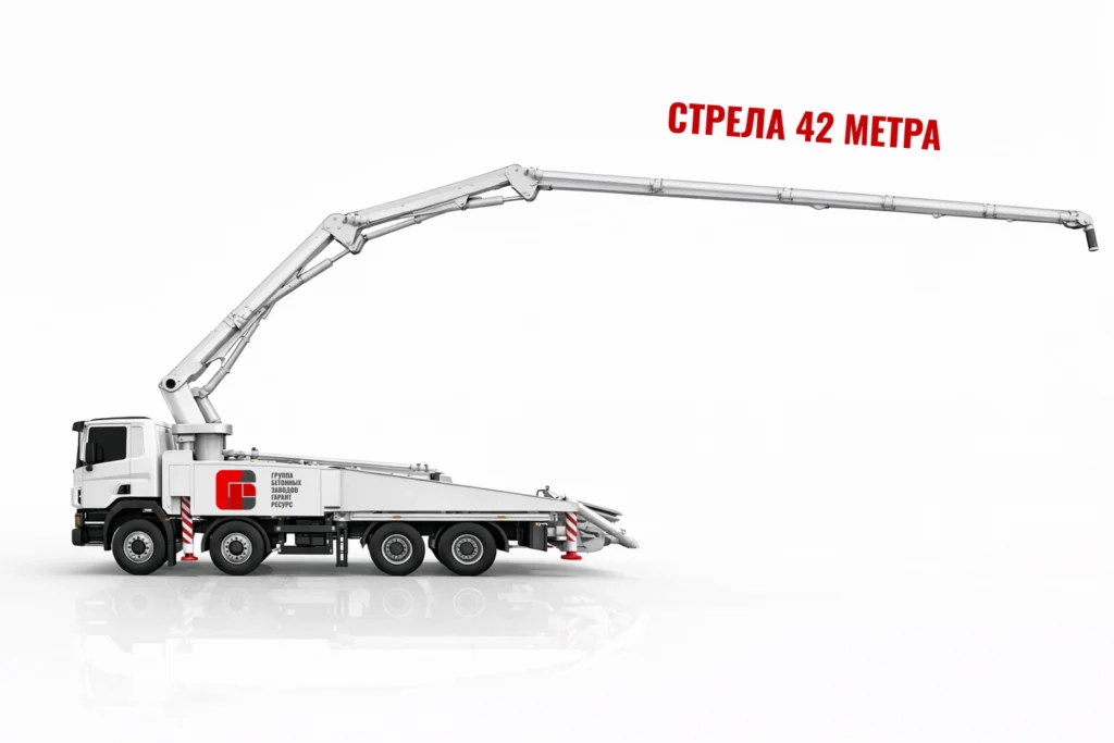 Автобетононасос со стрелой 42 м для подачи бетона на высоту в Дмитрове